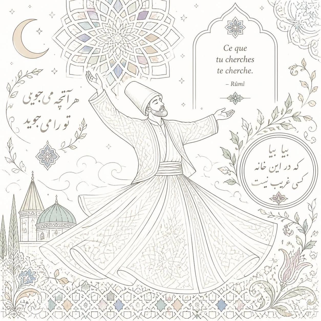 découvrez le coloriage rumi, une expérience artistique captivante qui vous plonge dans l’univers mystique et poétique du célèbre poète soufi.