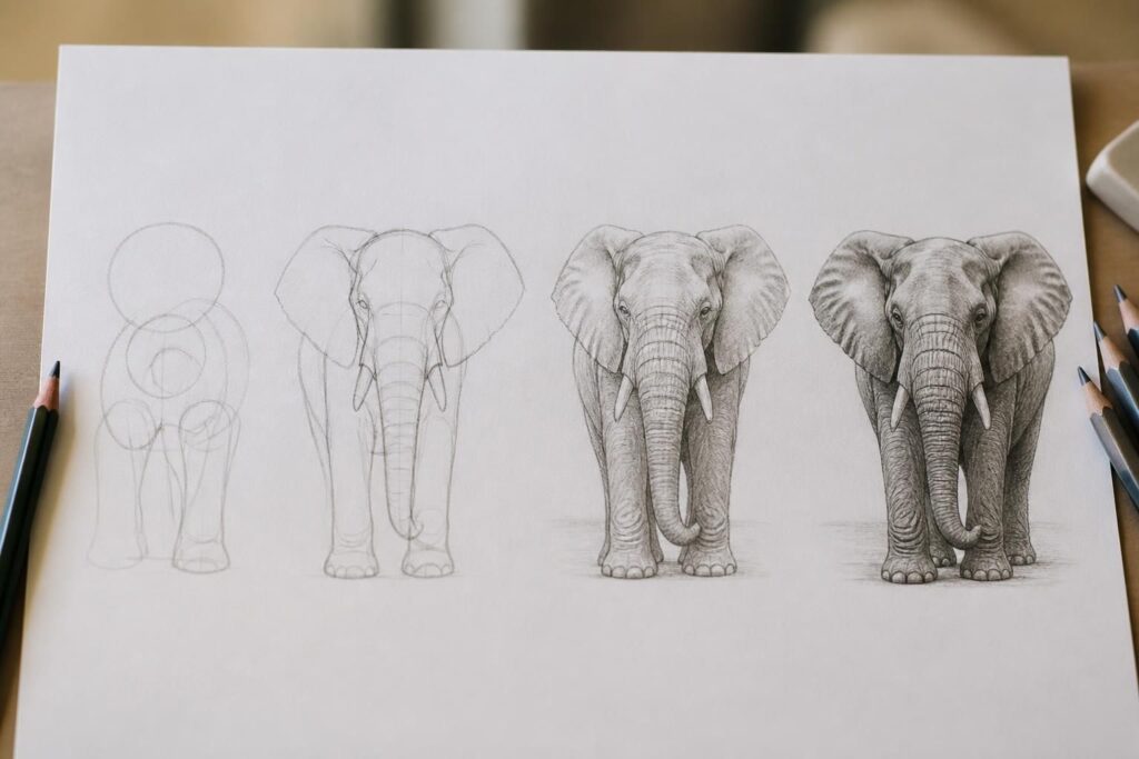 apprenez à dessiner un éléphant facilement grâce à ce guide simple et clair, parfait pour les débutants au crayon.